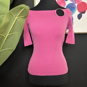 Y2K XOXO Pink Ribbed Knit Off The Shoulder Sweater with Cutout Detail Size S